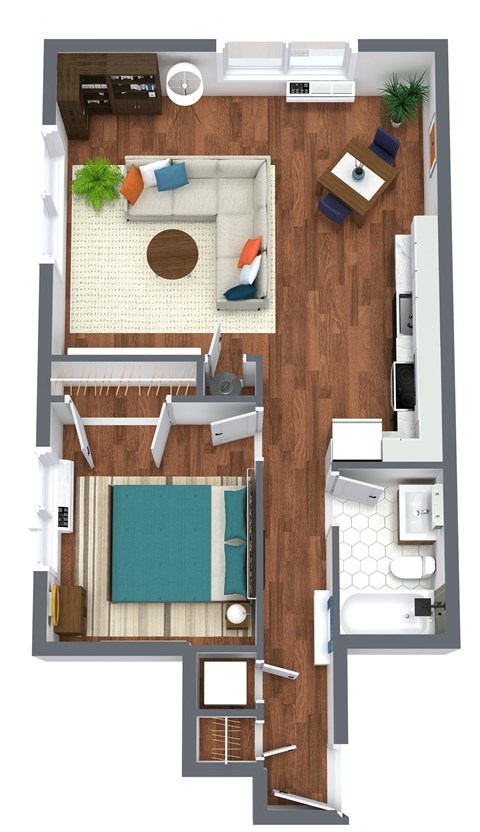 Floor plan for 1 bed, 1 bath, 691 sqft